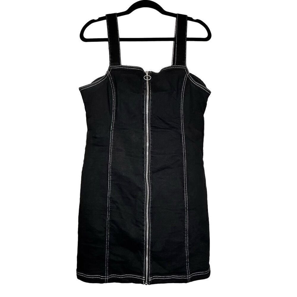 Topshop Stitch Denim Zip Pinafore Singlet Overall Dress Black White Size 12